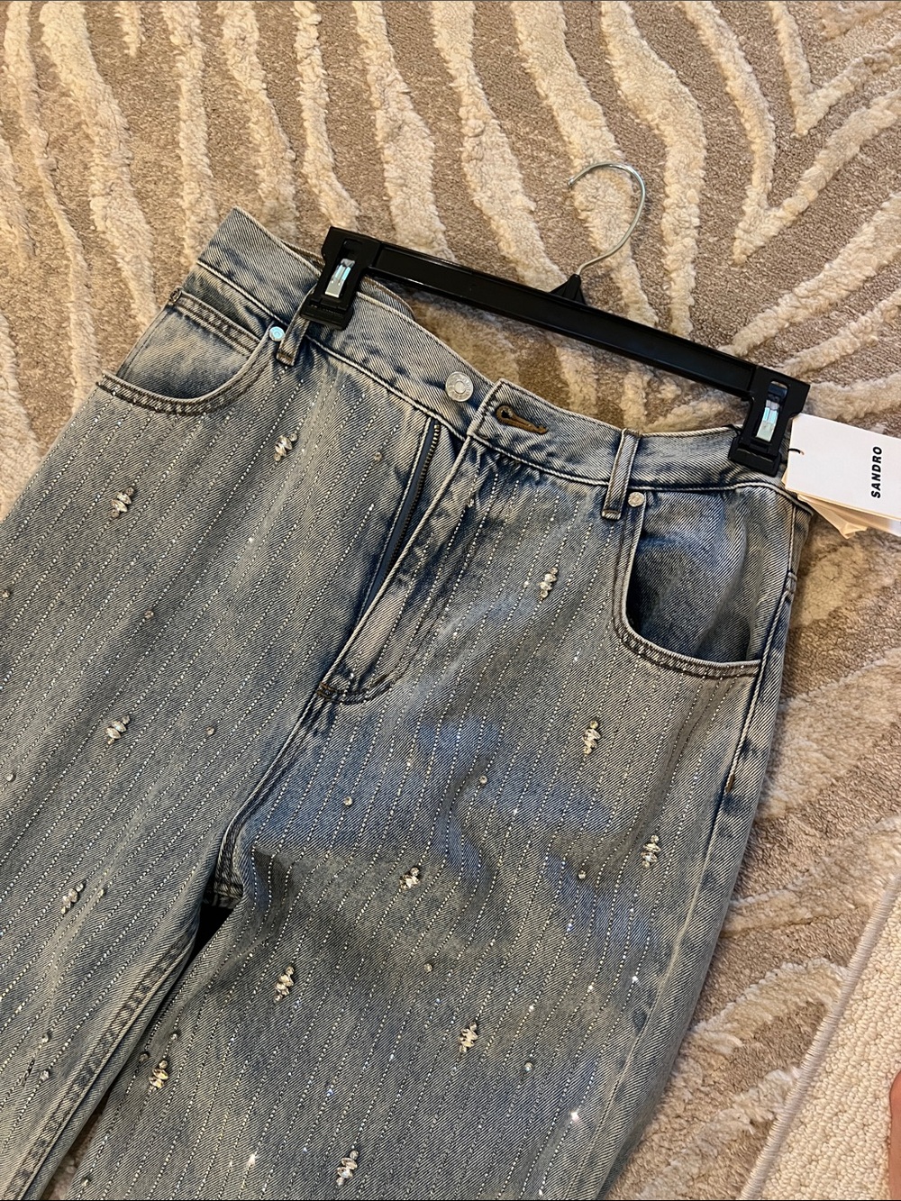Sandro Women's Light Blue Crystal-Striped High-Rise Jeans. Wide legs. NWT